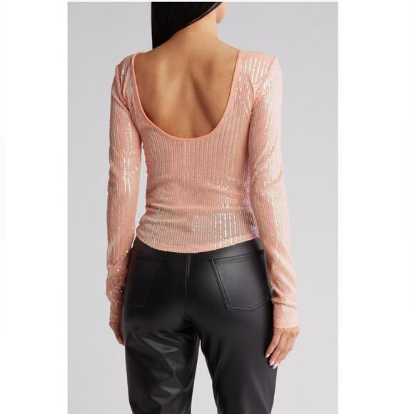 Free People Womens S Unapologetic Sequin Long Sleeve Top in Peach NEW - Picture 2 of 13